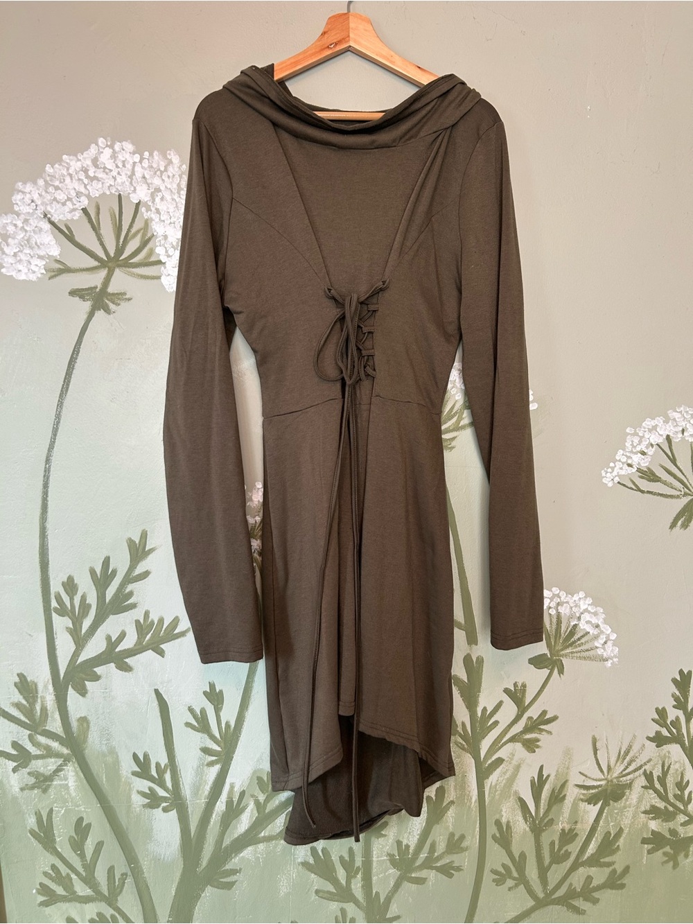 Renaissance Fantasy Style Olive Green Long-Sleeve Hooded Dress with Corset Tie